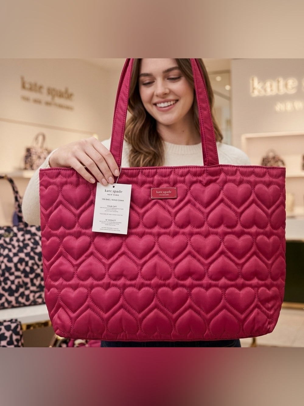 kate spade fragrances Quilted Heart-Pattern Tote in Deep Pink